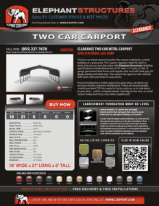18x21x6 Two Car Carport with Gray Roof and White Trim.