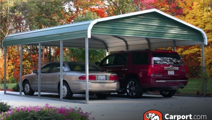 12x26 Single Car Carport with Green Roof and White Trim
