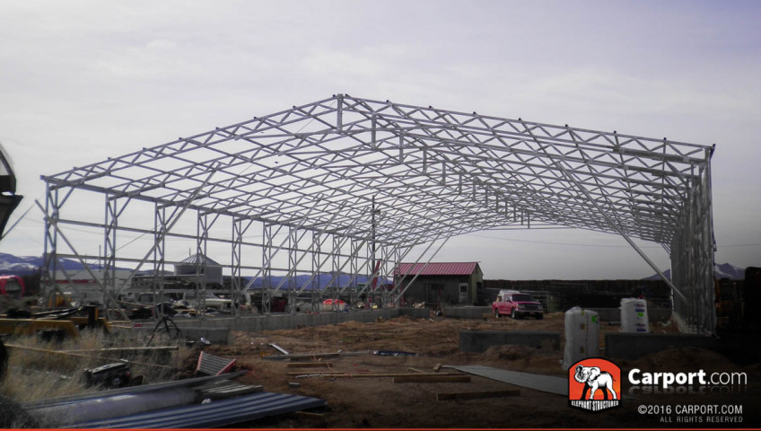 Commercial metal building with only the framing installed.