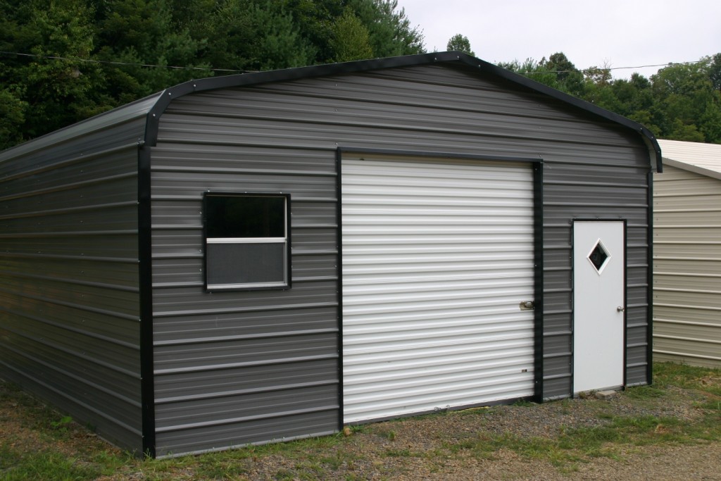 Metal man cave with one garage door, one walk-in, and one window.