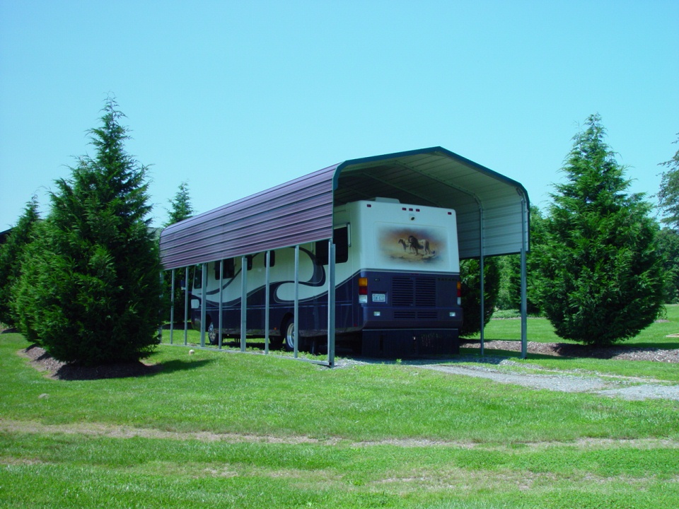RV carport with panels on the side and regular style roof.